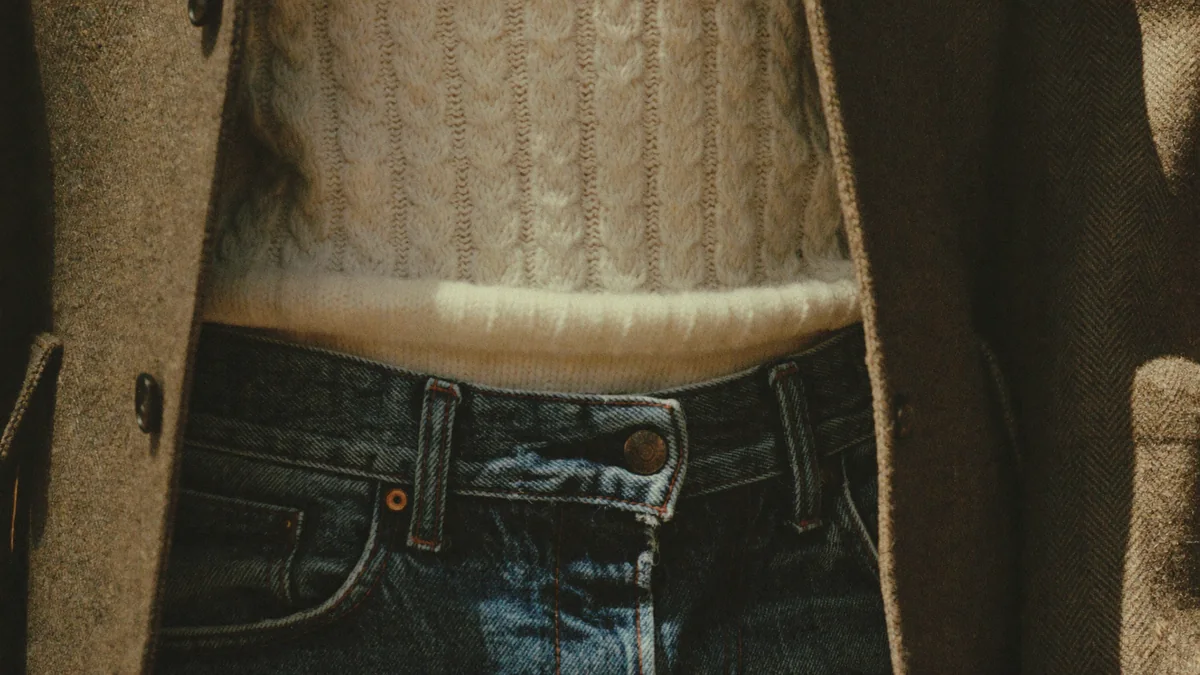 Close crop of layered second-hand clothing: an open tweed jacket over a cream cable knit over the waistband of faded indigo jeans.